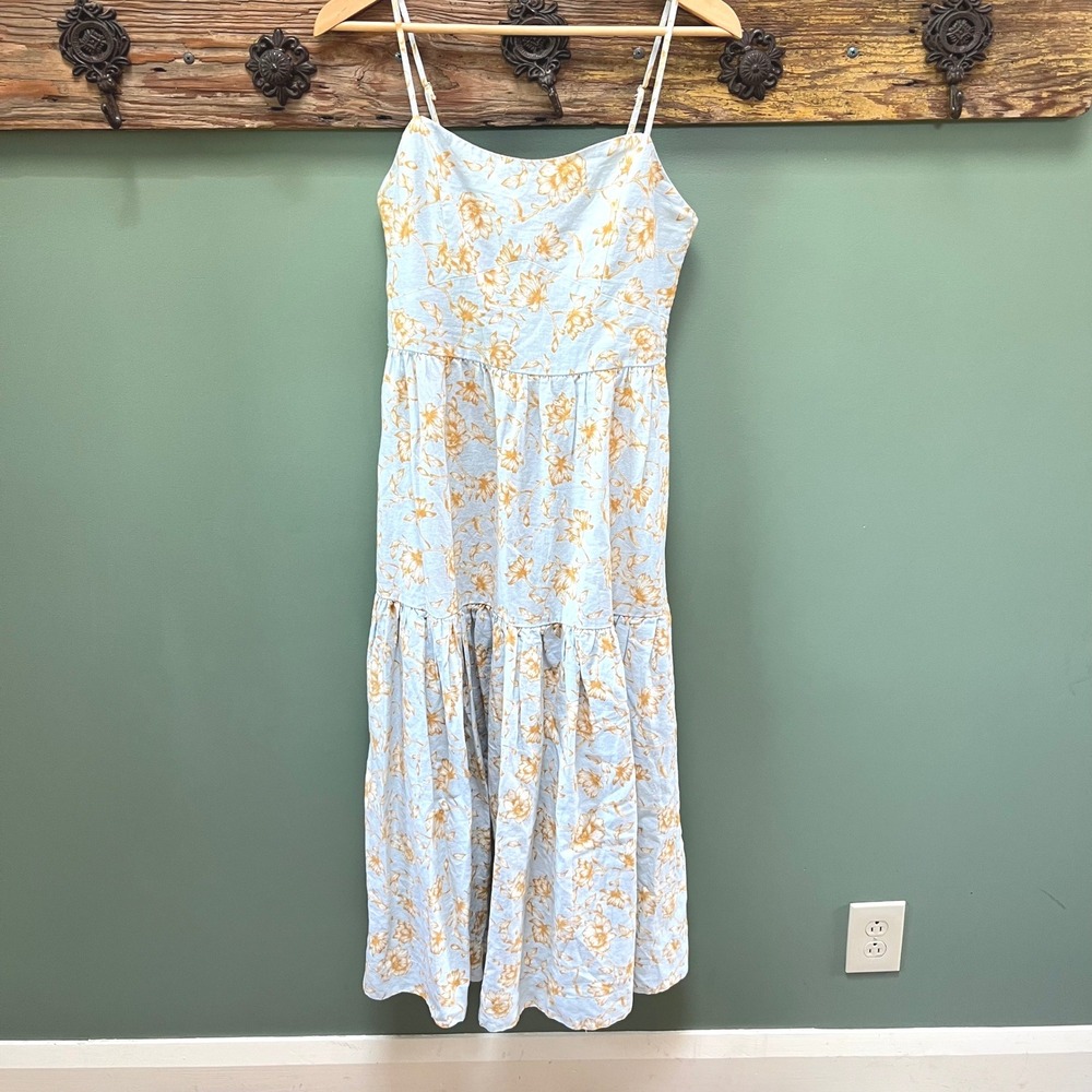 Christian Lacroix Blue Yellow Floral Linen Blend Smocked Tiered Midi Dress M